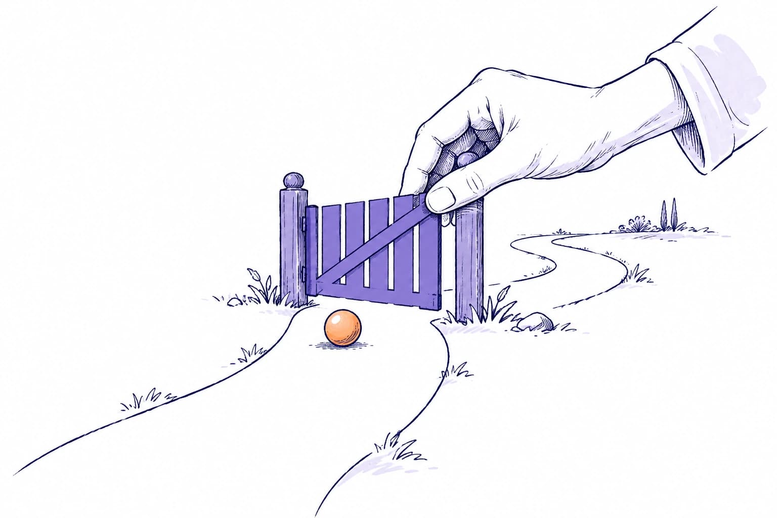 Illustration of a human deciding whether an agent can pass a gate.
