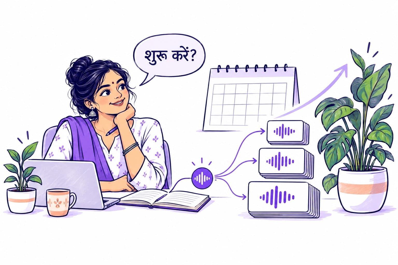 A business owner asks in Hindi, Shall we begin? A calendar and voice-call cards show room to grow.